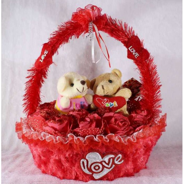 Beautiful Red Basket of Imported Roses with Love Couple Teddy Bears